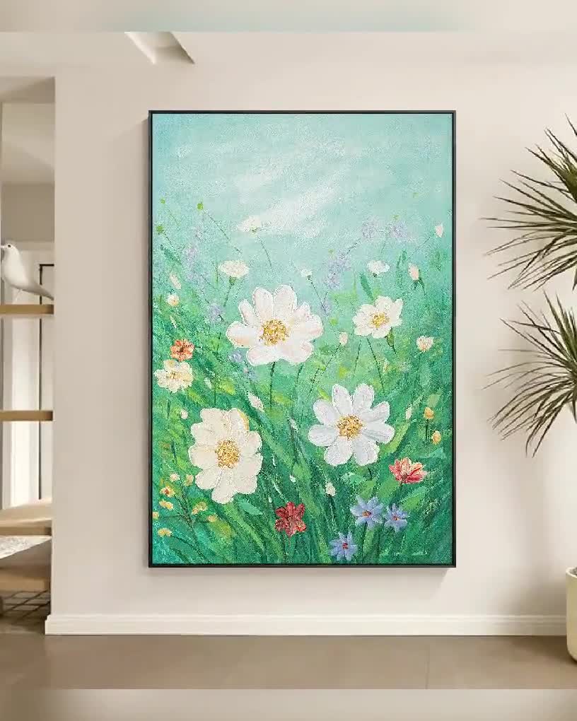 Original Abstract Large Green Wall Art Blooming Daisy Canvas Oil